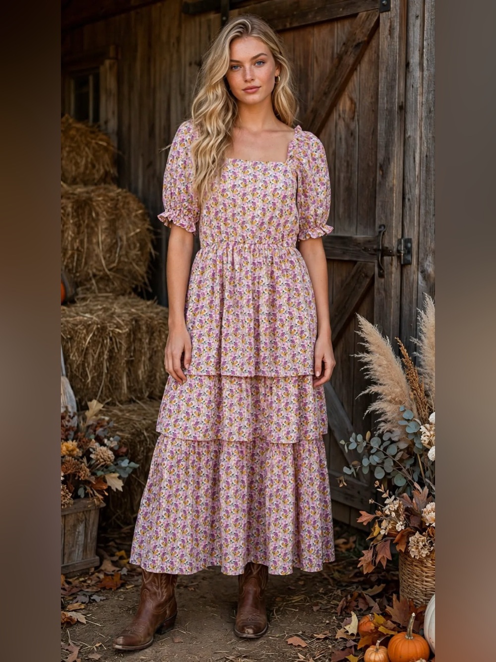 New Medium One Love Babe Tiered Square-Neck Maxi Dress in Dusty Pink Floral NWOT